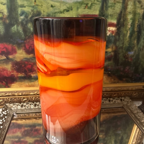 Orange Swirl Hand Blown Art Glass Vase –  10” Mid Century Style - Picture 3 of 8